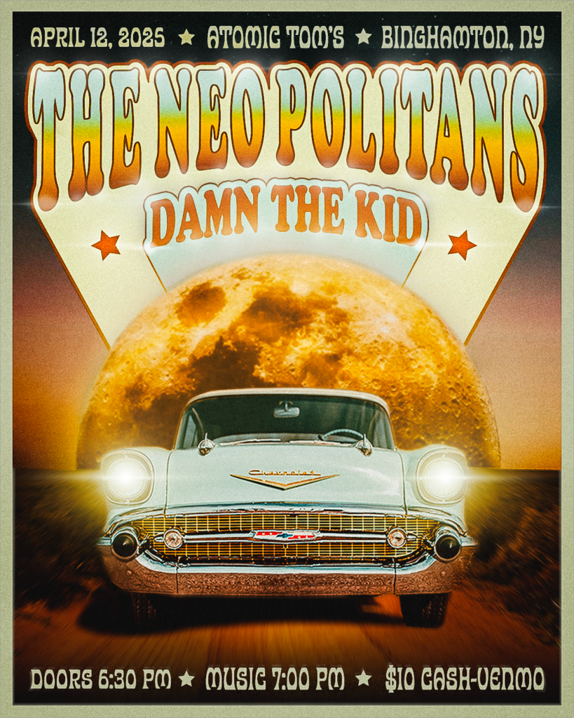 alt="Concert promotion for bands The Neo Politans and Damn The Kid that contains a moody night image of a vintage chevy in front of a glowing moon in the desert"