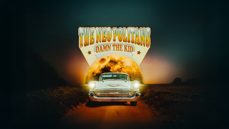 alt="Concert promotion for bands The Neo Politans and Damn the Kid that contains a moody night image of vintage chevy in front of glowing moon in the desert"