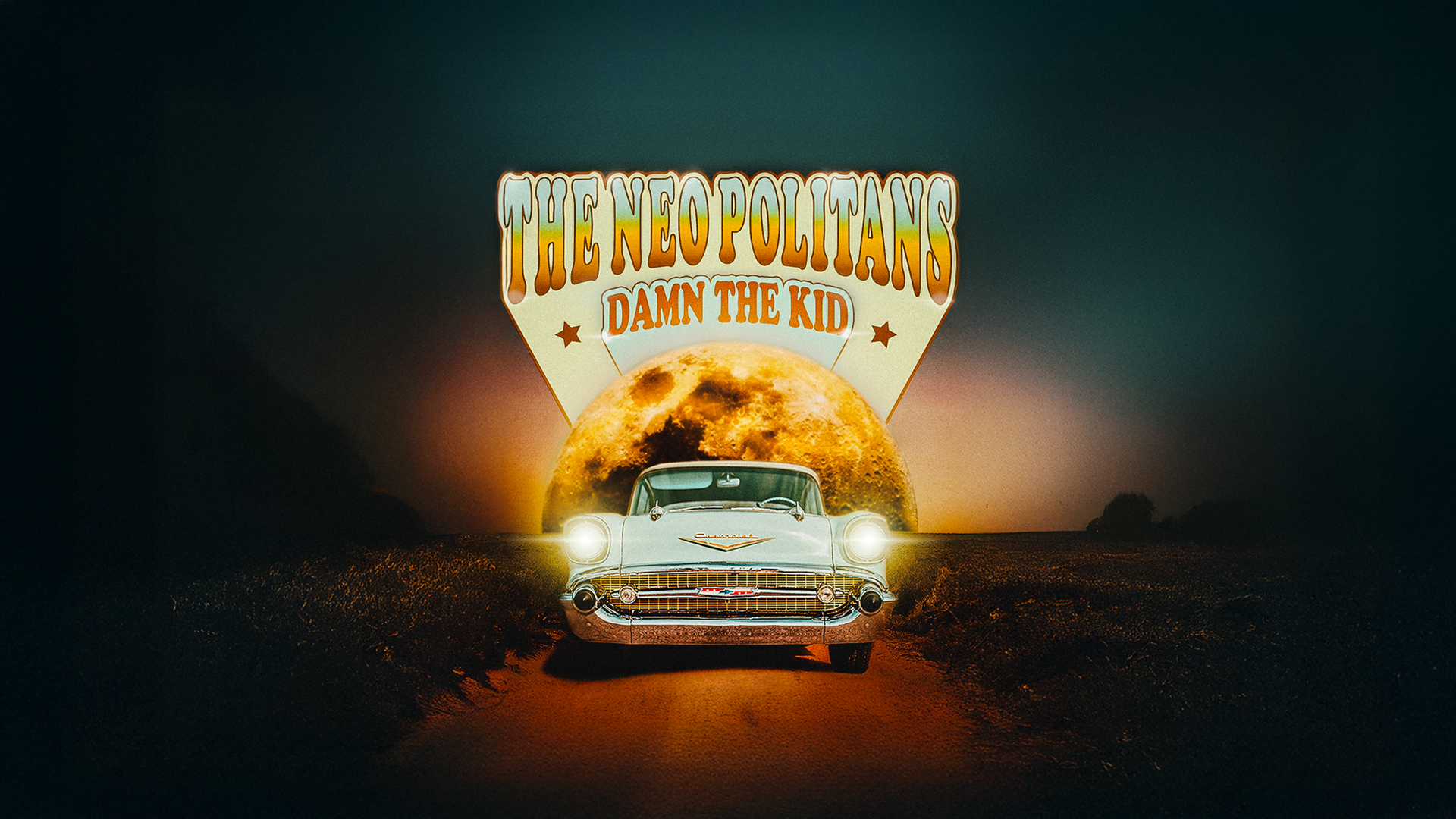 alt="Concert promotion for bands The Neo Politans and Damn the Kid that contains a moody night image of vintage chevy in front of glowing moon in the desert"